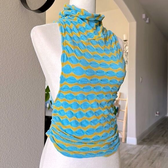 NWOT Free People Mock Neck Sleeveless Wavy Stripes Blue Mustard Tank Racer Back - Picture 3 of 11